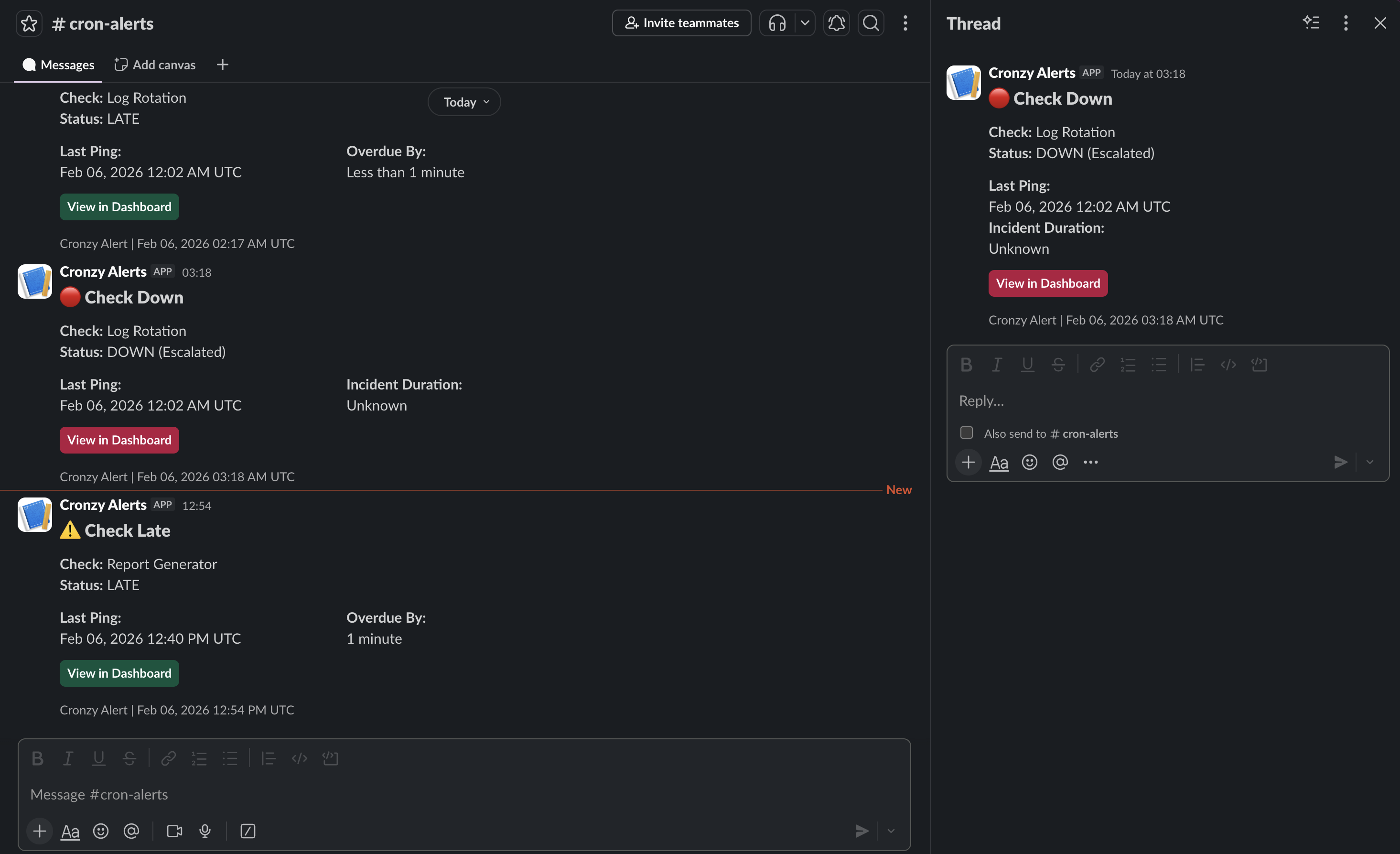 Slack notification showing cron job failure alert from Cronzy