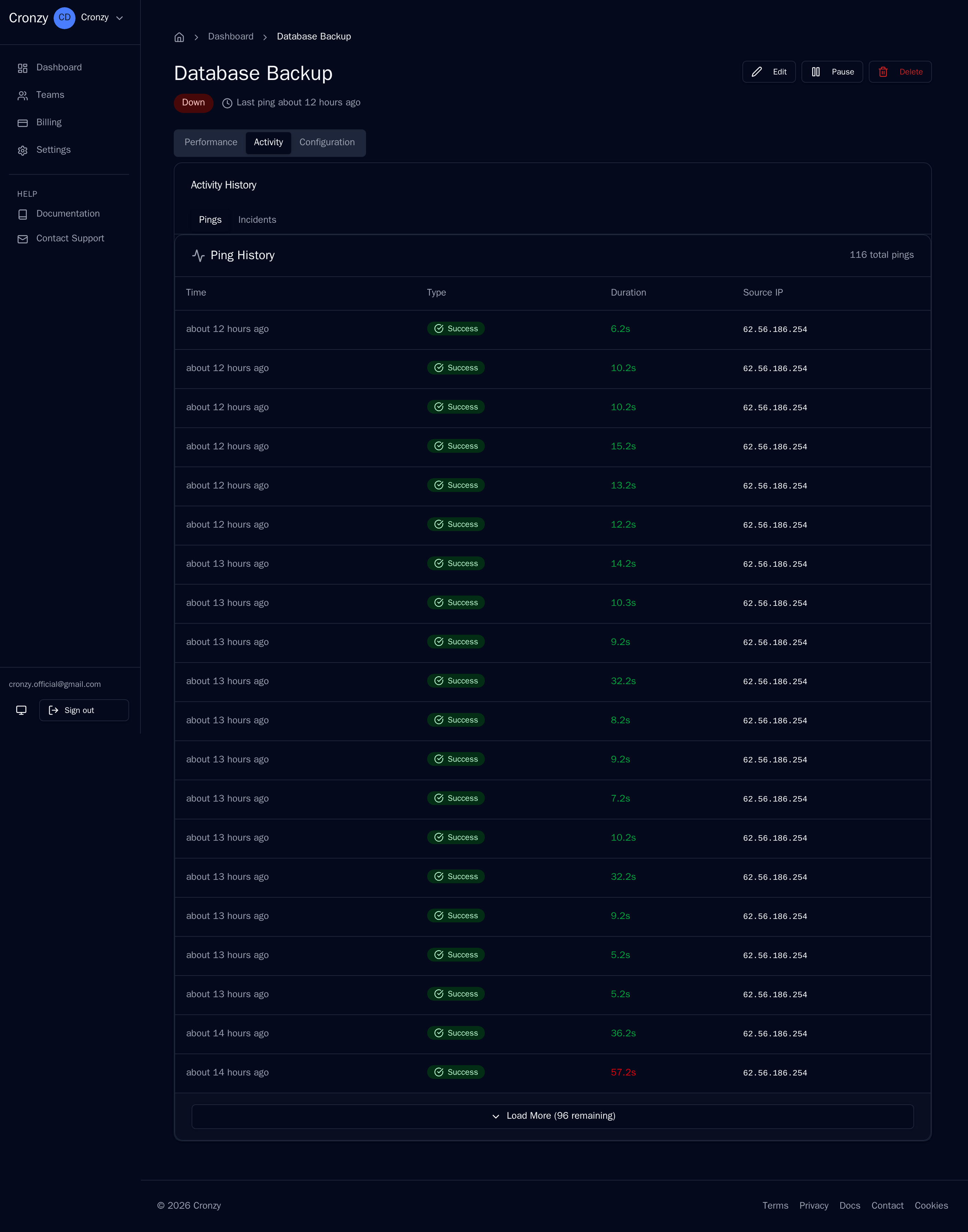 Execution history showing cron job run times, durations, and status
